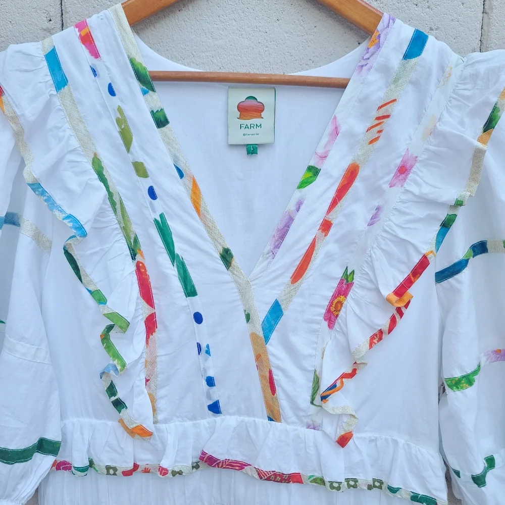 Farm Rio | Mixed Off-White Prints Midi Tiered Dress White Rainbow Size Large - Picture 9 of 14
